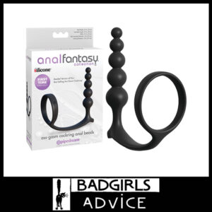 Anal Fantasy Collection Ass-Gasm Cockring Anal Beads Black Cock Ring with Anal Plug 1" 4.7" Silicone