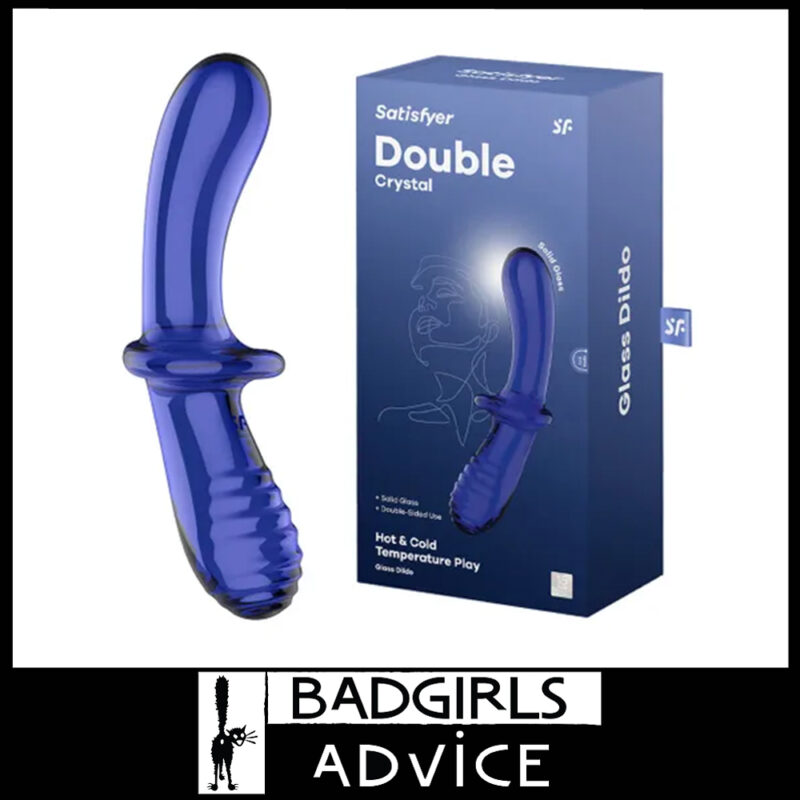 Satisfyer Double Crystal 7" Pyrex Glass Unisex Probe With Ribs Blue