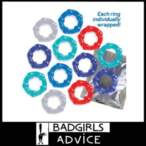 Baller's Dozen Individually Wrapped 1.25" Max Stretch Thin Penis Rings Beaded Tpr 12 in Box Multi Colours