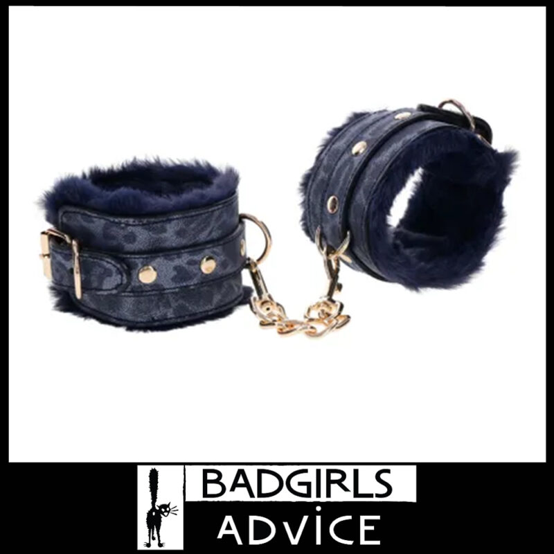 Sex & Mischief Cougar Fur Handcuffs Gold Hardware 23cm Adjust Buckle Pu Leather Blue