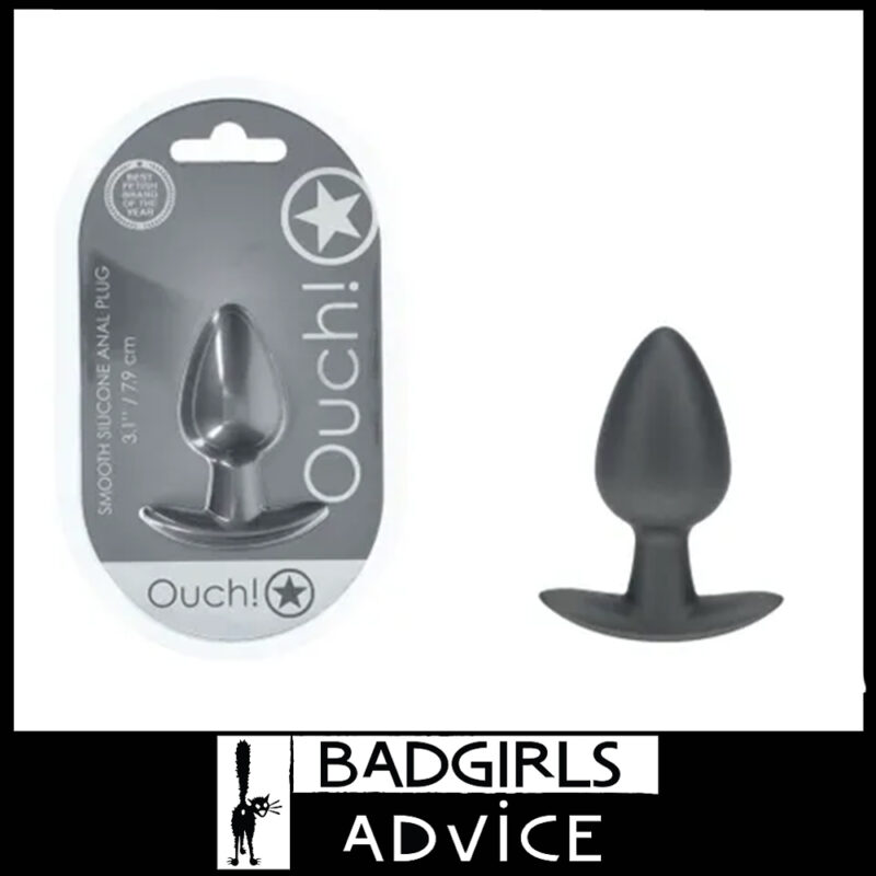 OUCH! Anal Plug Metallic Sheen 7.9cm x 3.4cm Soft Silicone Medium Gun Metal Grey