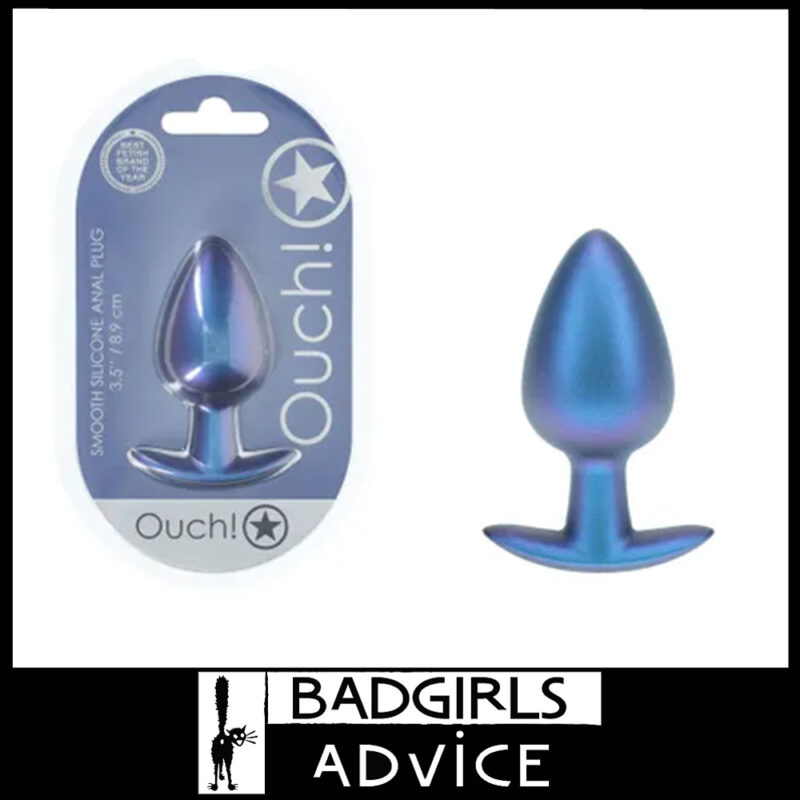 OUCH! Anal Plug Metallic Sheen 8.9cm x 4cm Soft Silicone - Large - Blue