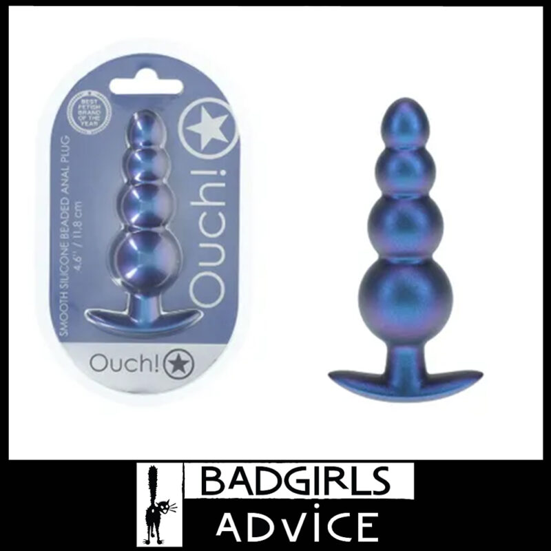 OUCH! Beaded Anal Plug Metallic Sheen 11.7cm x 3.6cm Soft Silicone Rectum Bead Blue