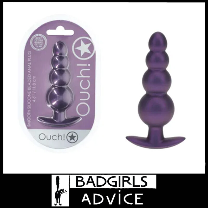 OUCH! Beaded Anal Plug Metallic Sheen 11.7cm x 3.6cm Soft Silicone Rectum Bead Purple