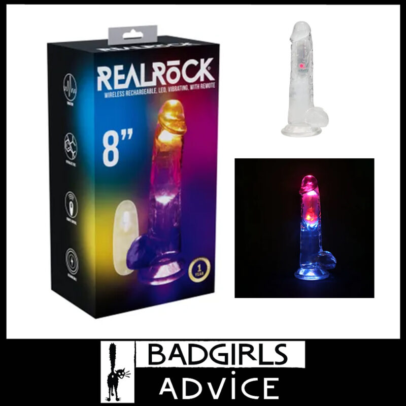 RRealrock | 8'' Penis With Balls LED Multi Vibrating Remote Usb Dong Tpe Jelly Lights Up Suction Cup Clear