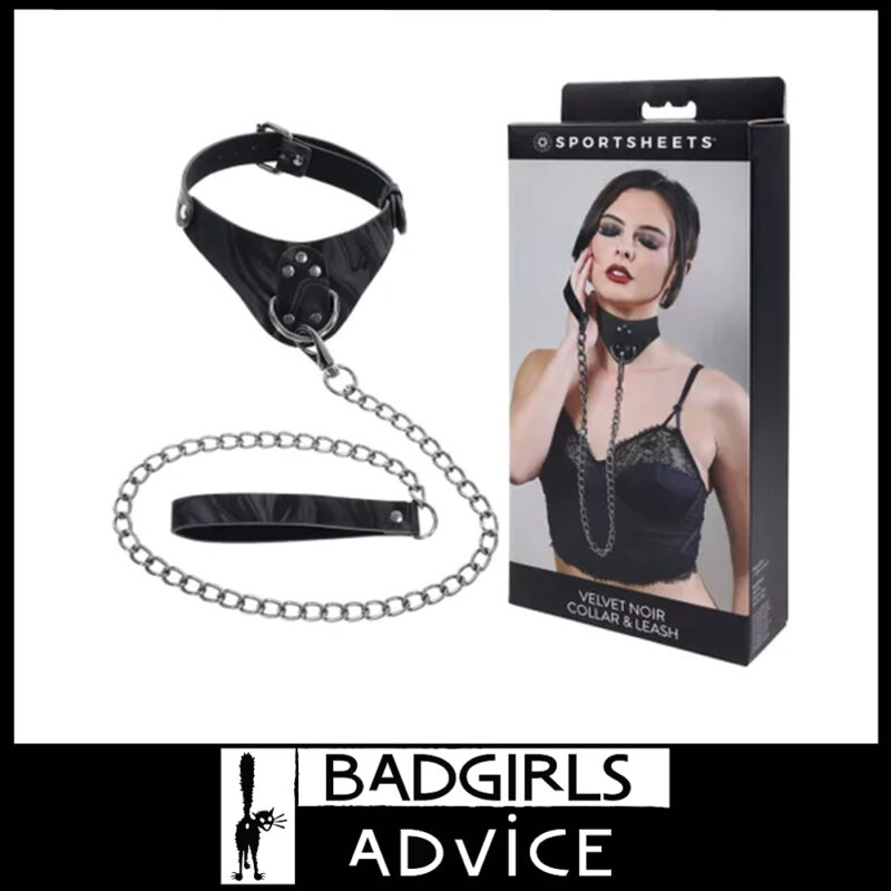 Sportsheets | Velvet Noir Collar & Leash 37cm to 53cm Neck Hematite Chain 71cm Pu Leather Black