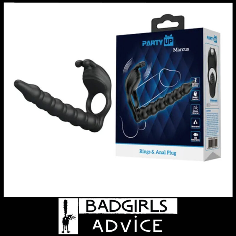 Party Up | Marcus Penis Ring Vibrator & 14.8cm Anal Bead Usb 7 Speeds Waterproof Silicone Black